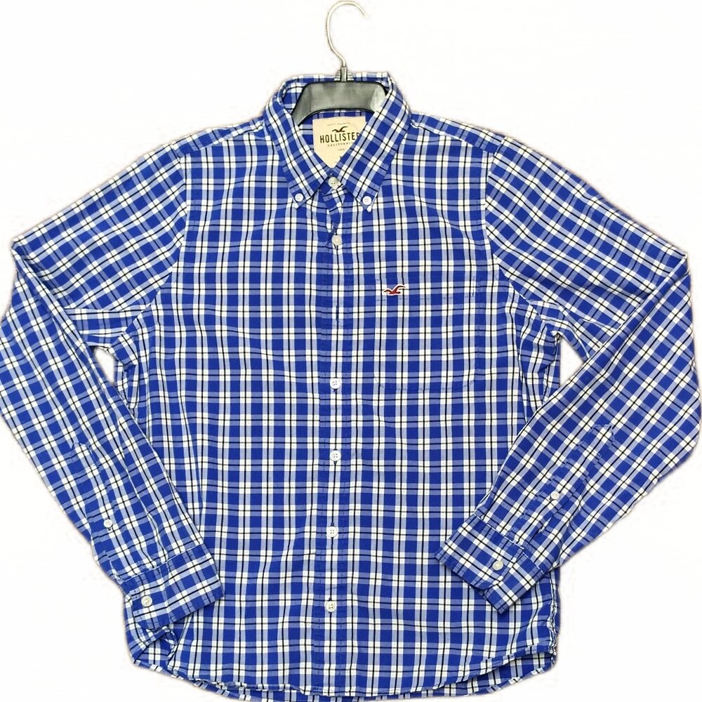 Hollister Mens Button Down Plaid‎ Dress Shirt XL Long Sleeve Blue White Preppy